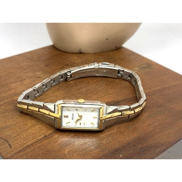 Seiko Women's Watch SWR044 Quartz Petite Tank Rectangle White Dial 2-Tone Steel - Picture 8 of 14